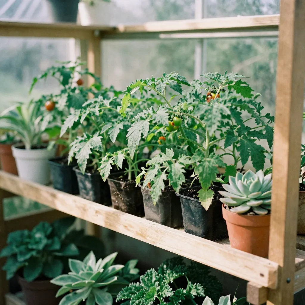 Greenhouse interior with lush plants