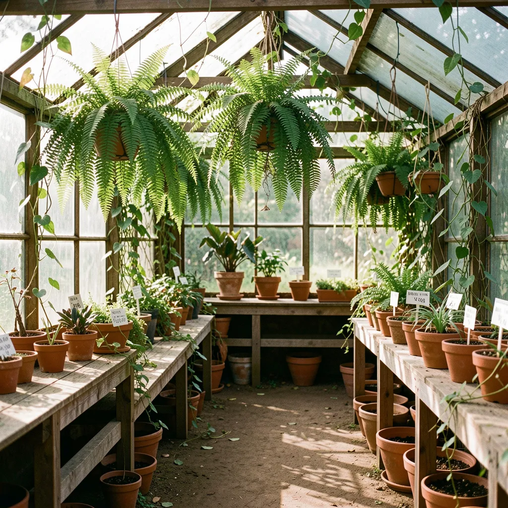 Hanging plants in greenhouse